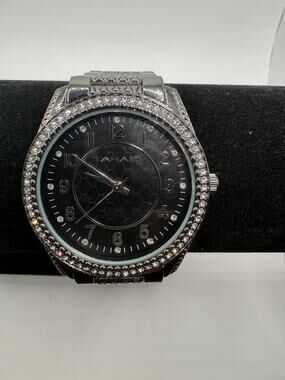 Tahari Crystal Bezel Black Dial Silver Watch